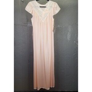 Vintage Shadowline Night Gown Sz S Maxi Peach Pink Nylon Puffy Flower USA NEW